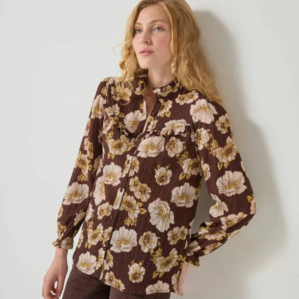 Blouse volantée imprimée floral, crépon