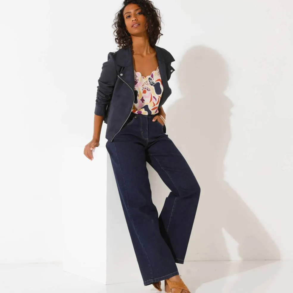 Blouson zippé col tailleur pressionné, suédine