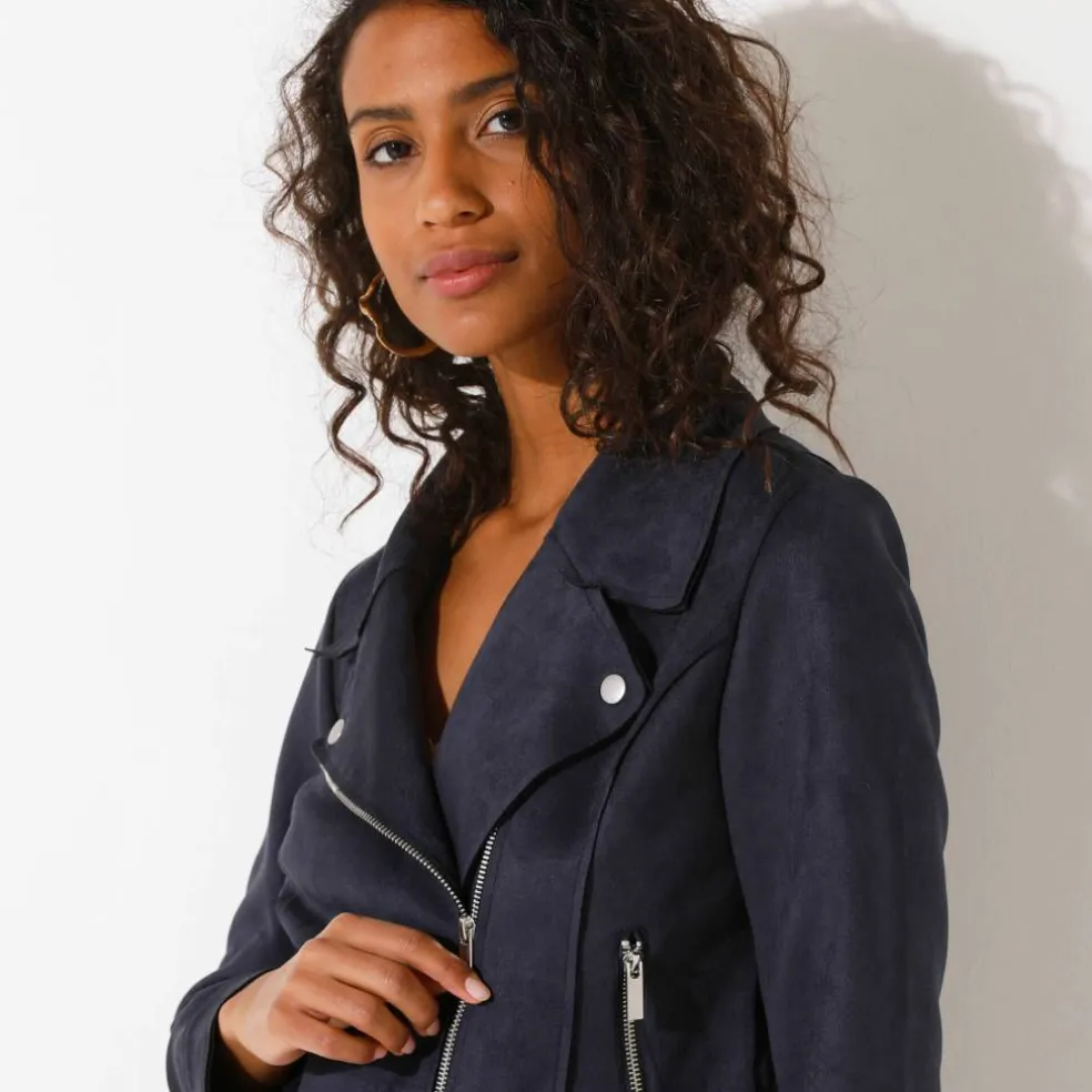 Blouson zippé col tailleur pressionné, suédine