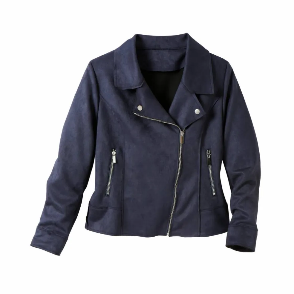 Blouson zippé col tailleur pressionné, suédine
