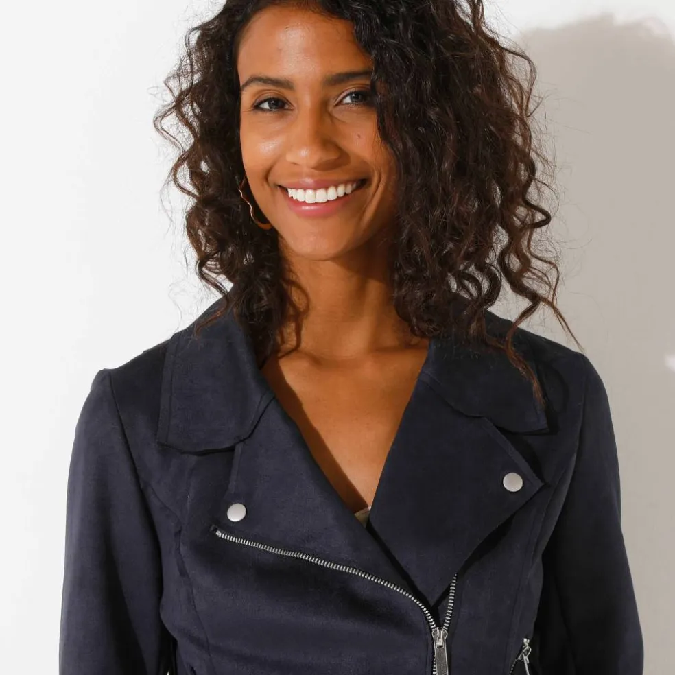 Blouson zippé col tailleur pressionné, suédine