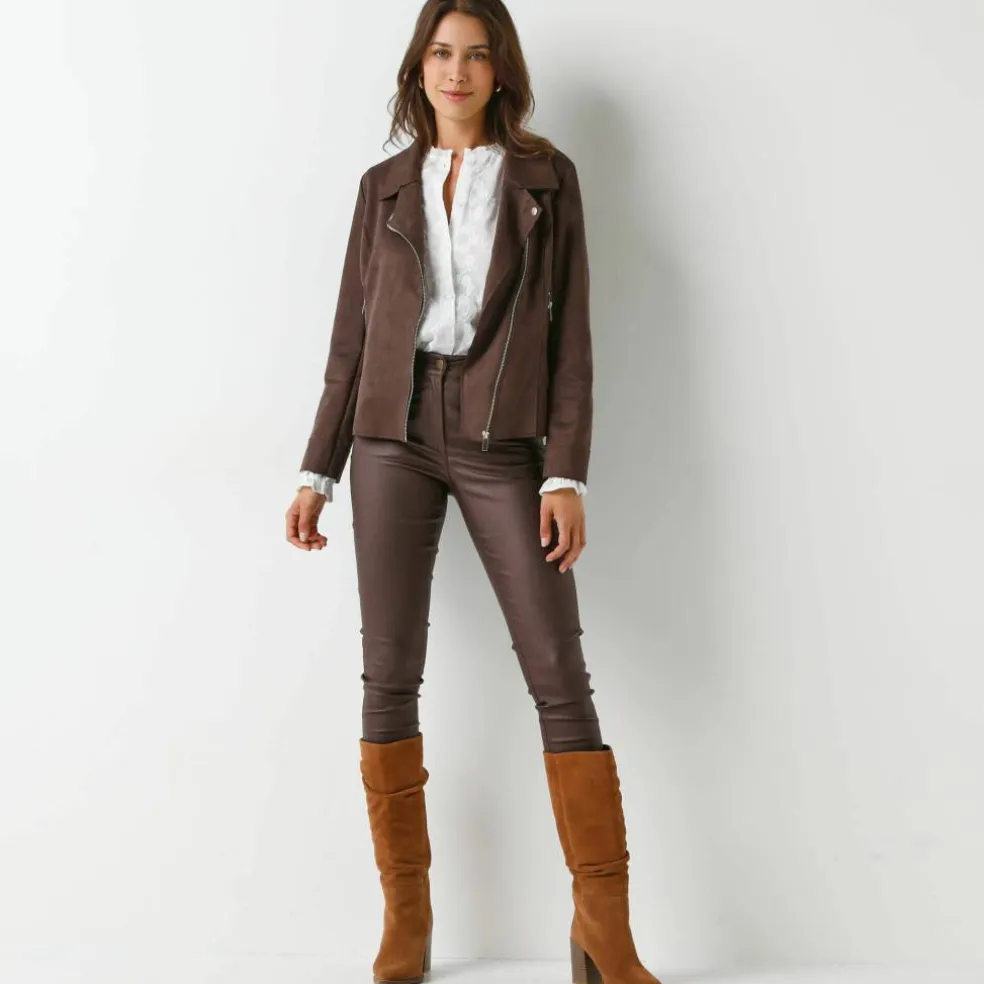 Blouson zippé col tailleur pressionné, suédine