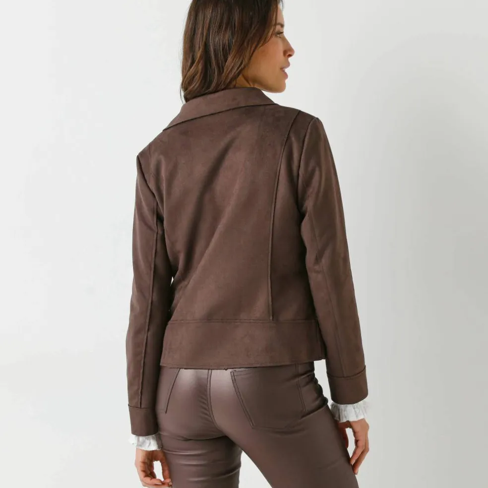 Blouson zippé col tailleur pressionné, suédine