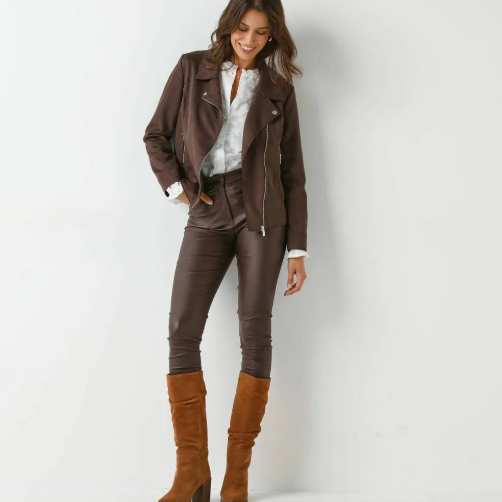 Blouson zippé col tailleur pressionné, suédine