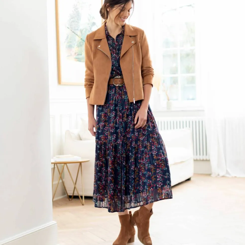 Blouson zippé col tailleur pressionné, suédine