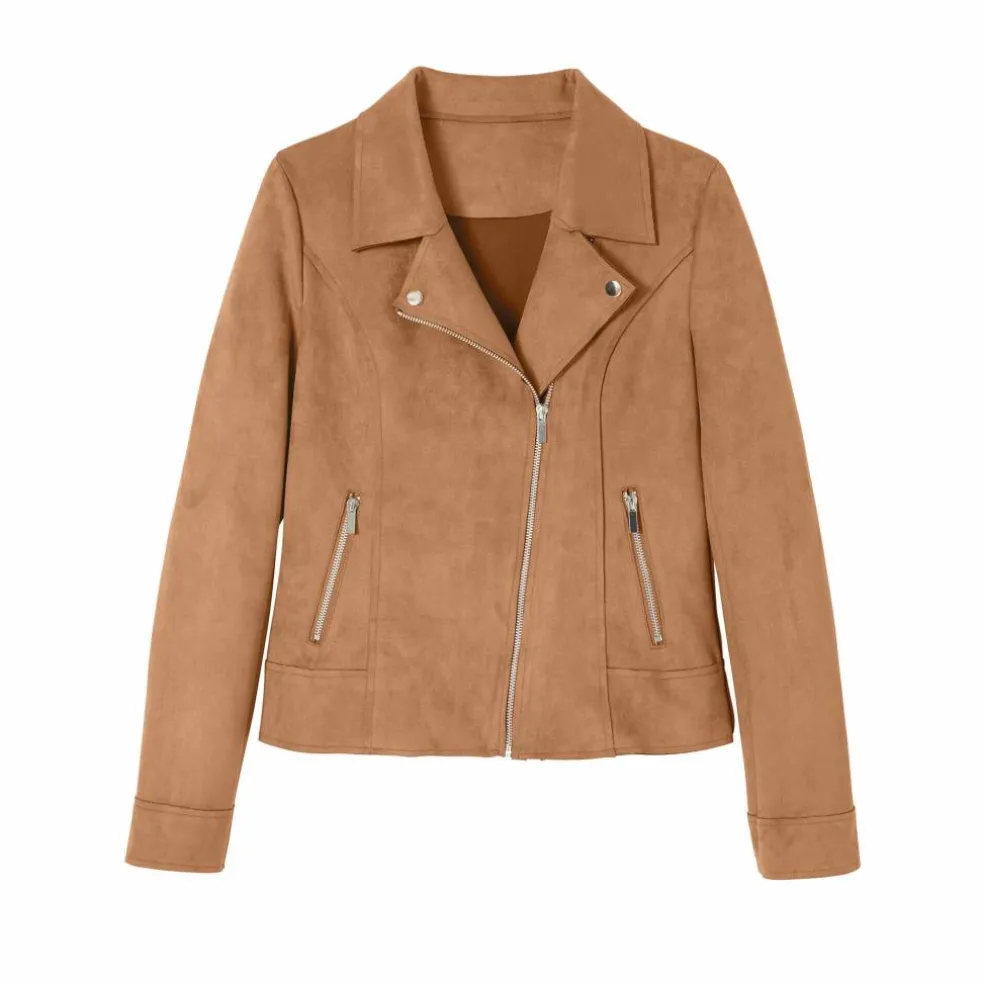 Blouson zippé col tailleur pressionné, suédine