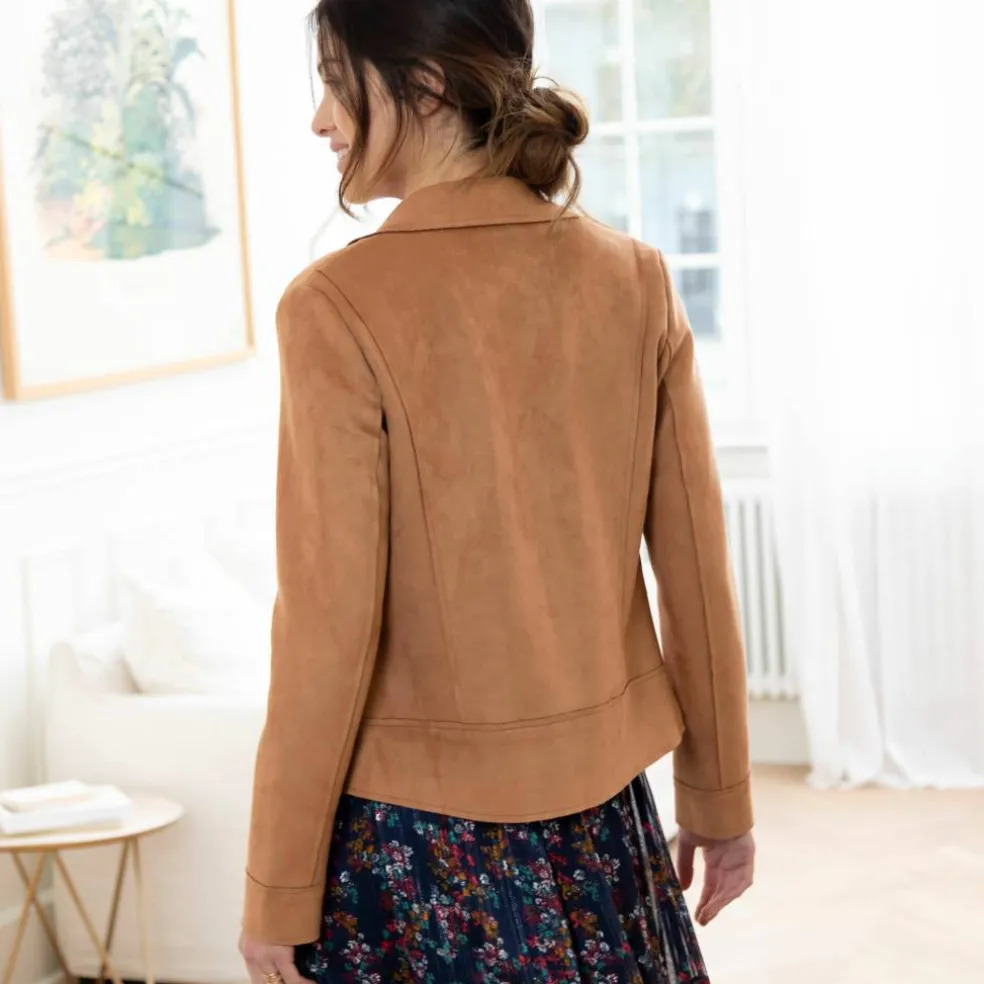 Blouson zippé col tailleur pressionné, suédine