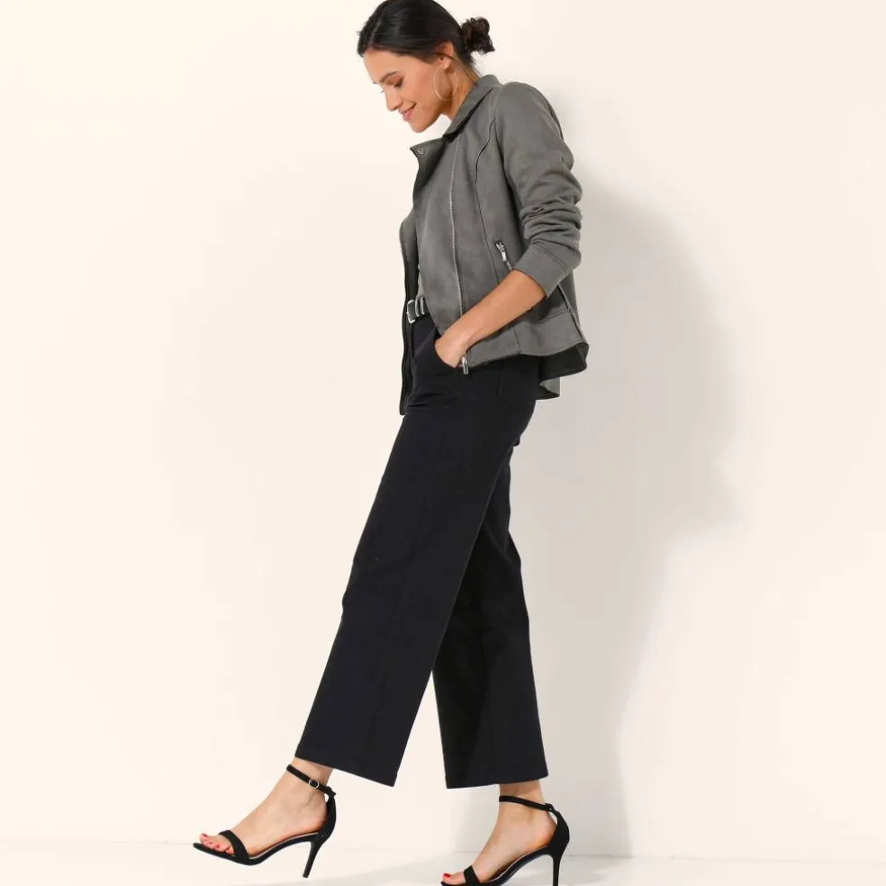 Blouson zippé col tailleur pressionné, suédine