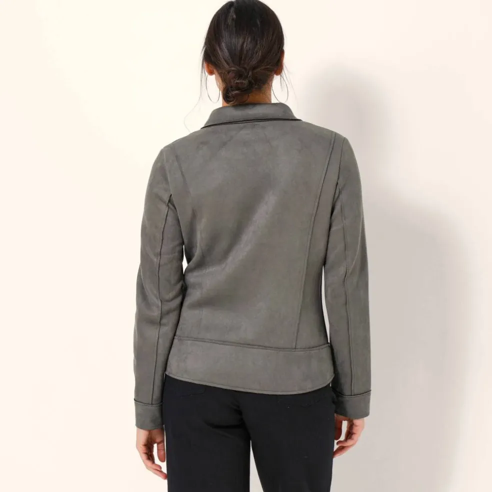 Blouson zippé col tailleur pressionné, suédine