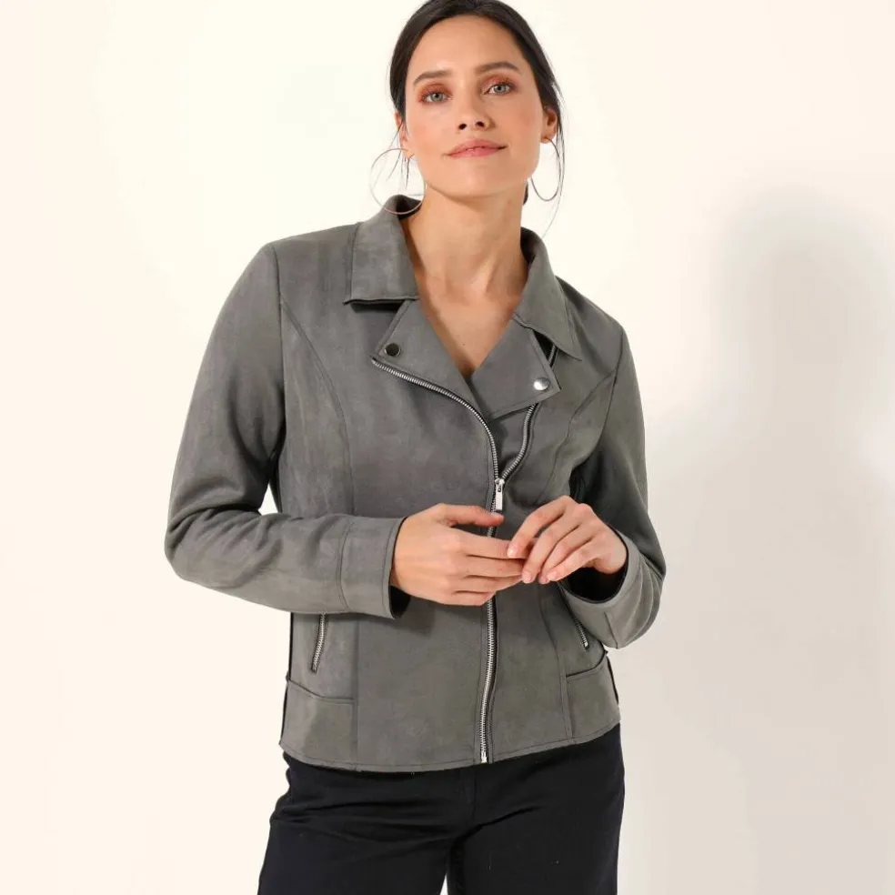 Blouson zippé col tailleur pressionné, suédine