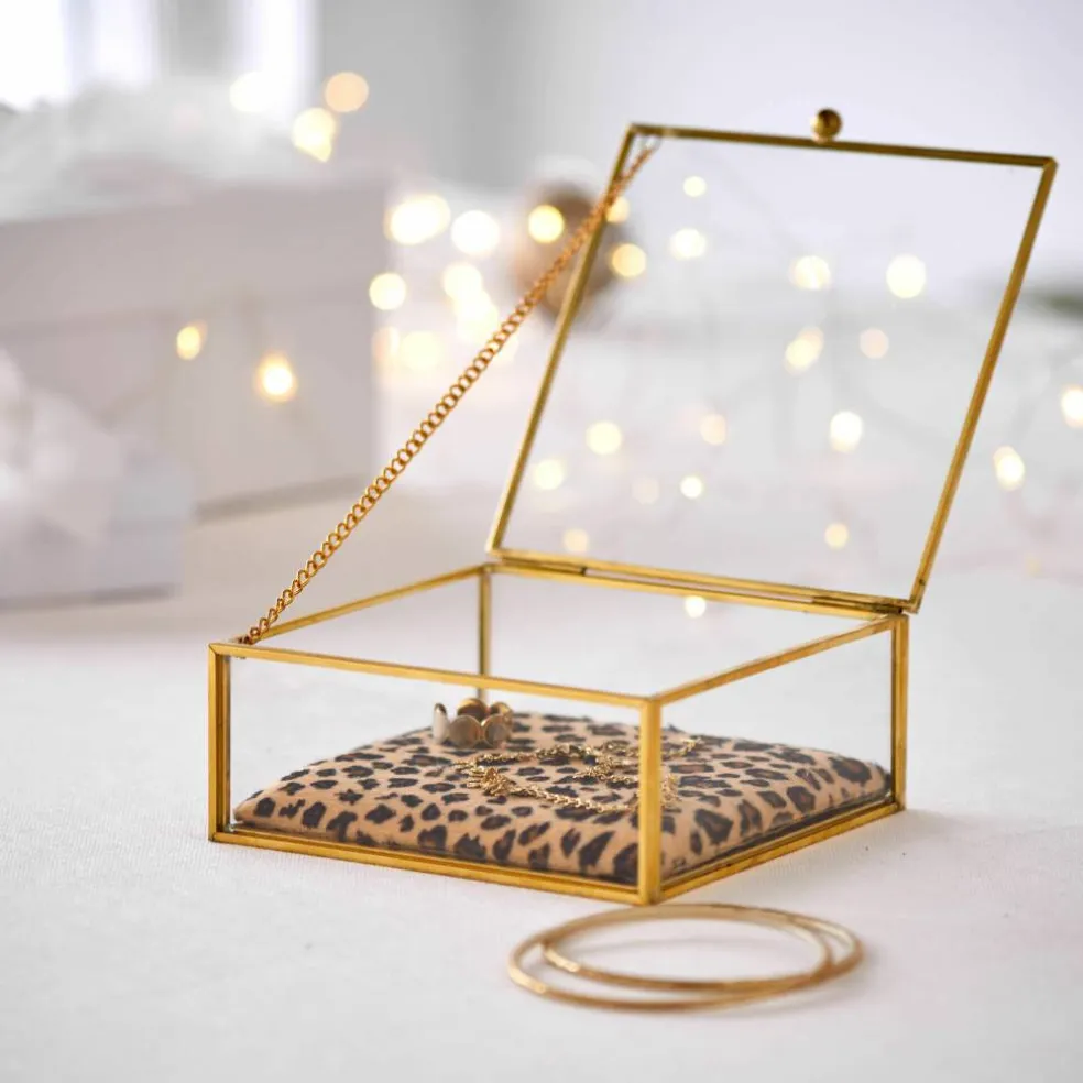 Boîte à bijoux verre et métal, avec coussin léopard