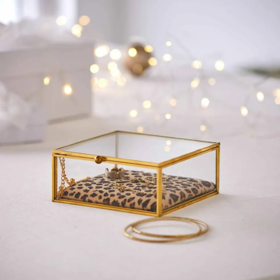Boîte à bijoux verre et métal, avec coussin léopard