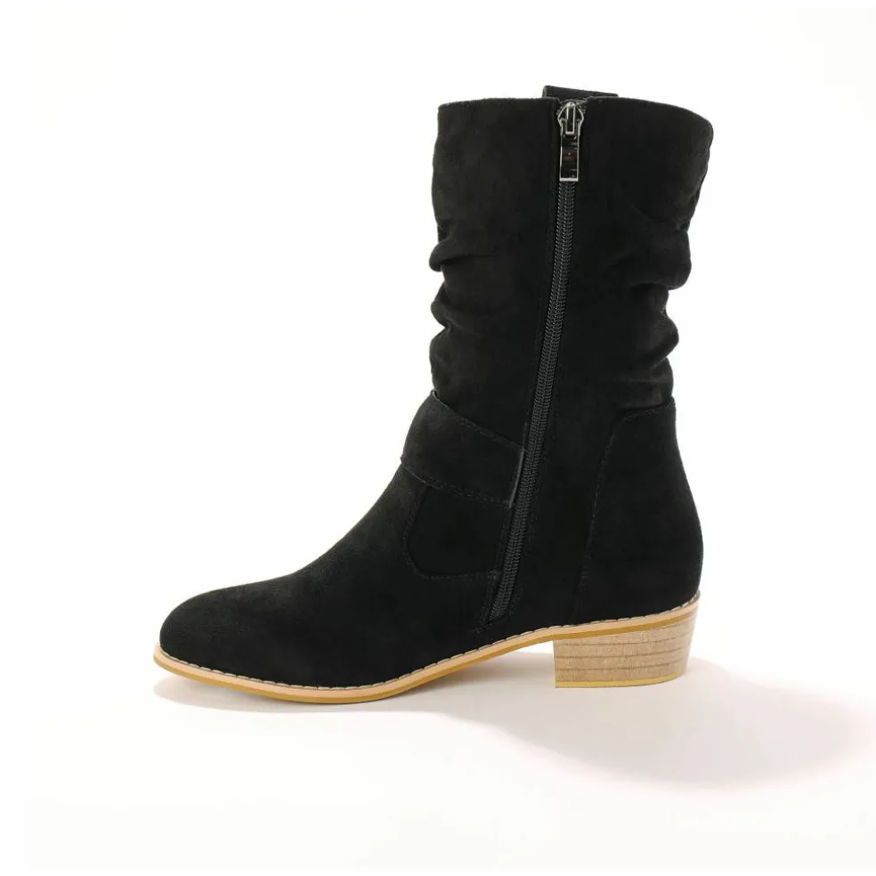 Bottes mi-hautes plissées à petit talon effet bois