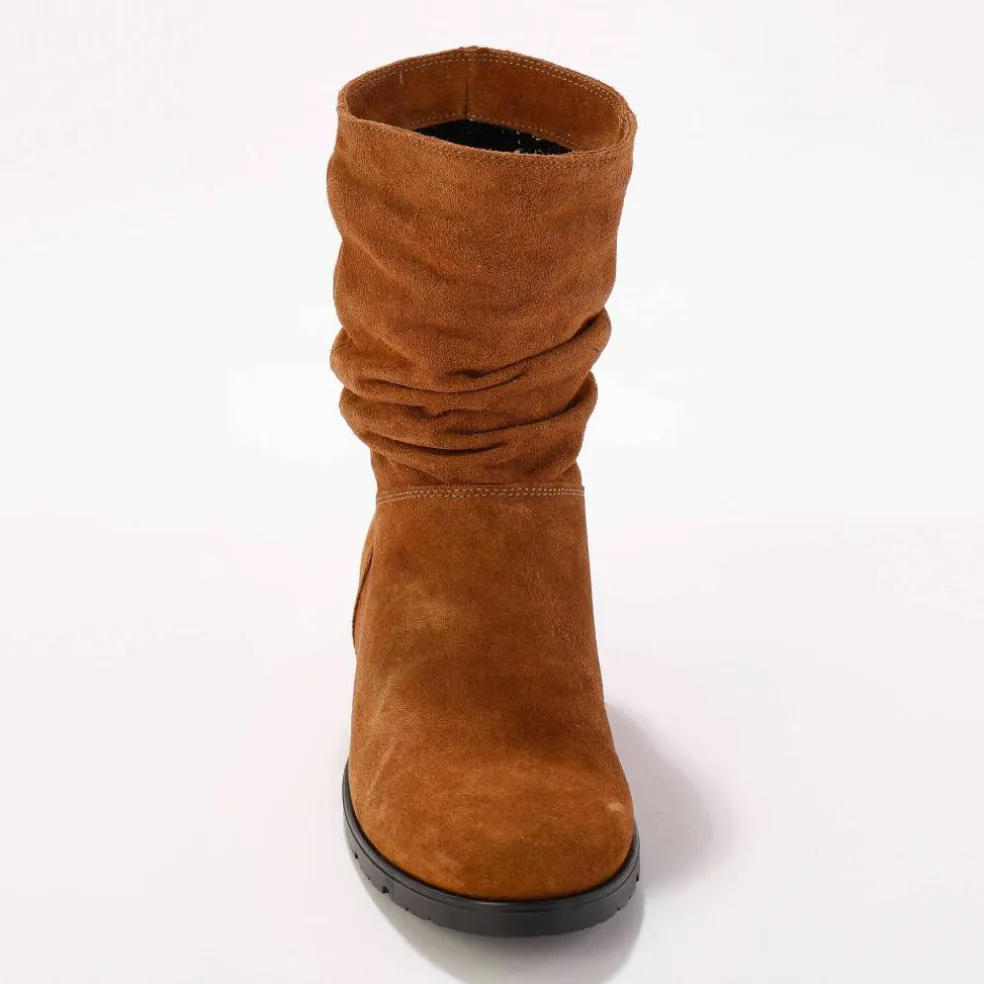 Bottes plissées mi-hautes en cuir velours, semelle compensée invisible