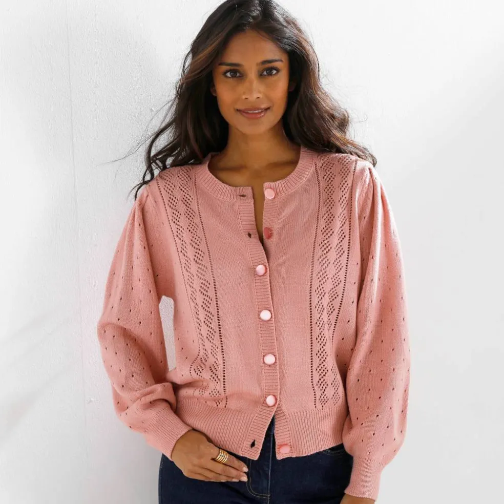 Cardigan boutonné, maille ajourée