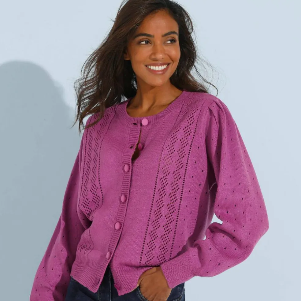 Cardigan boutonné, maille ajourée