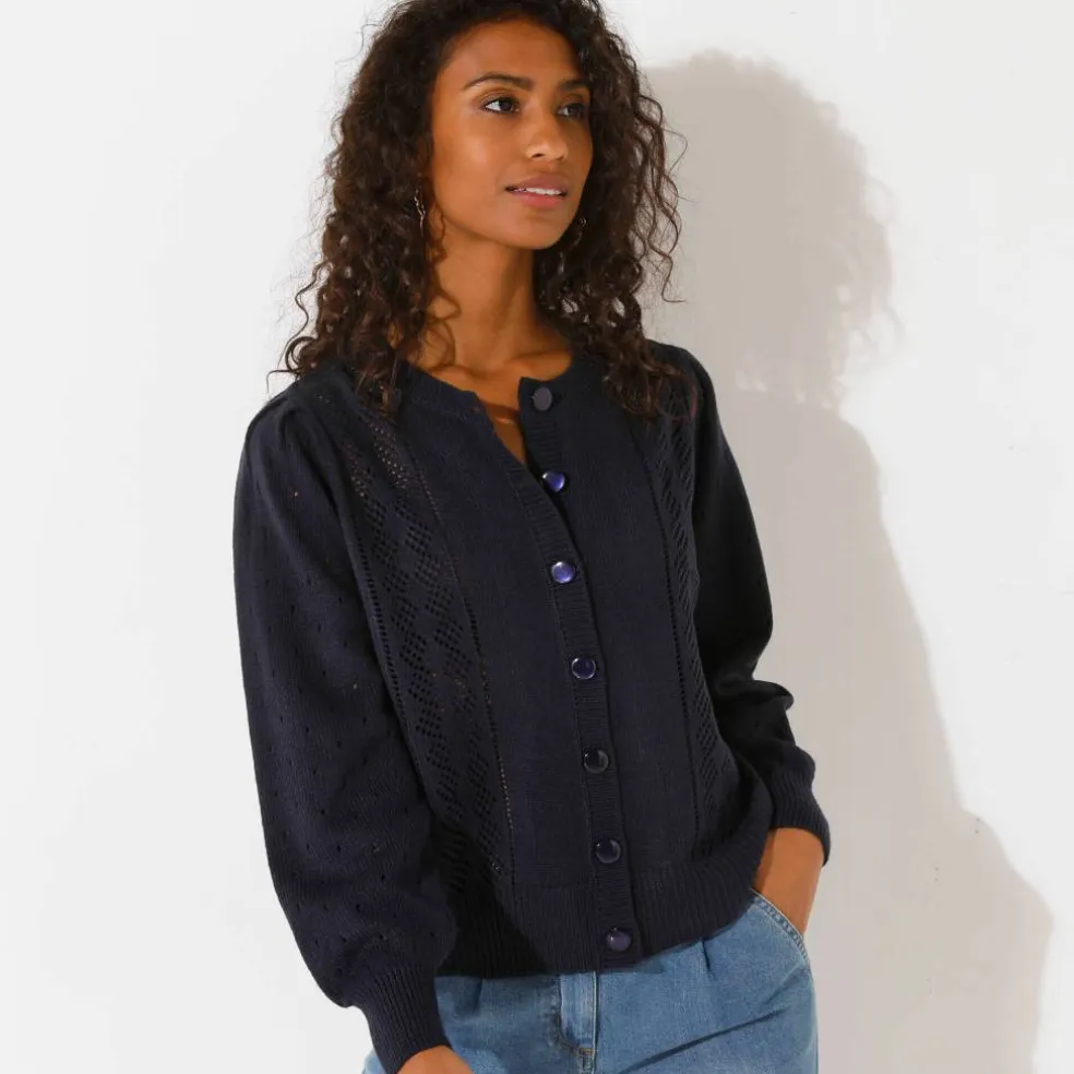 Cardigan boutonné, maille ajourée