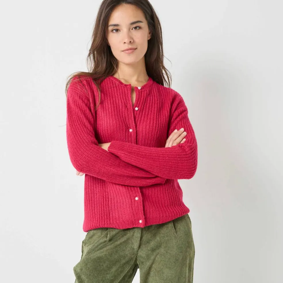 Cardigan boutons perles fantaisie, maille anglaise toucher doux