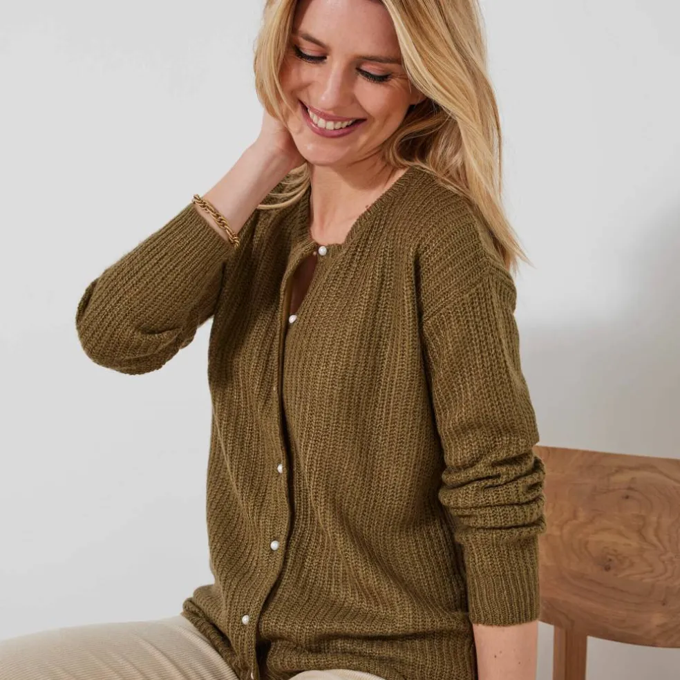 Cardigan boutons perles fantaisie, maille anglaise toucher doux