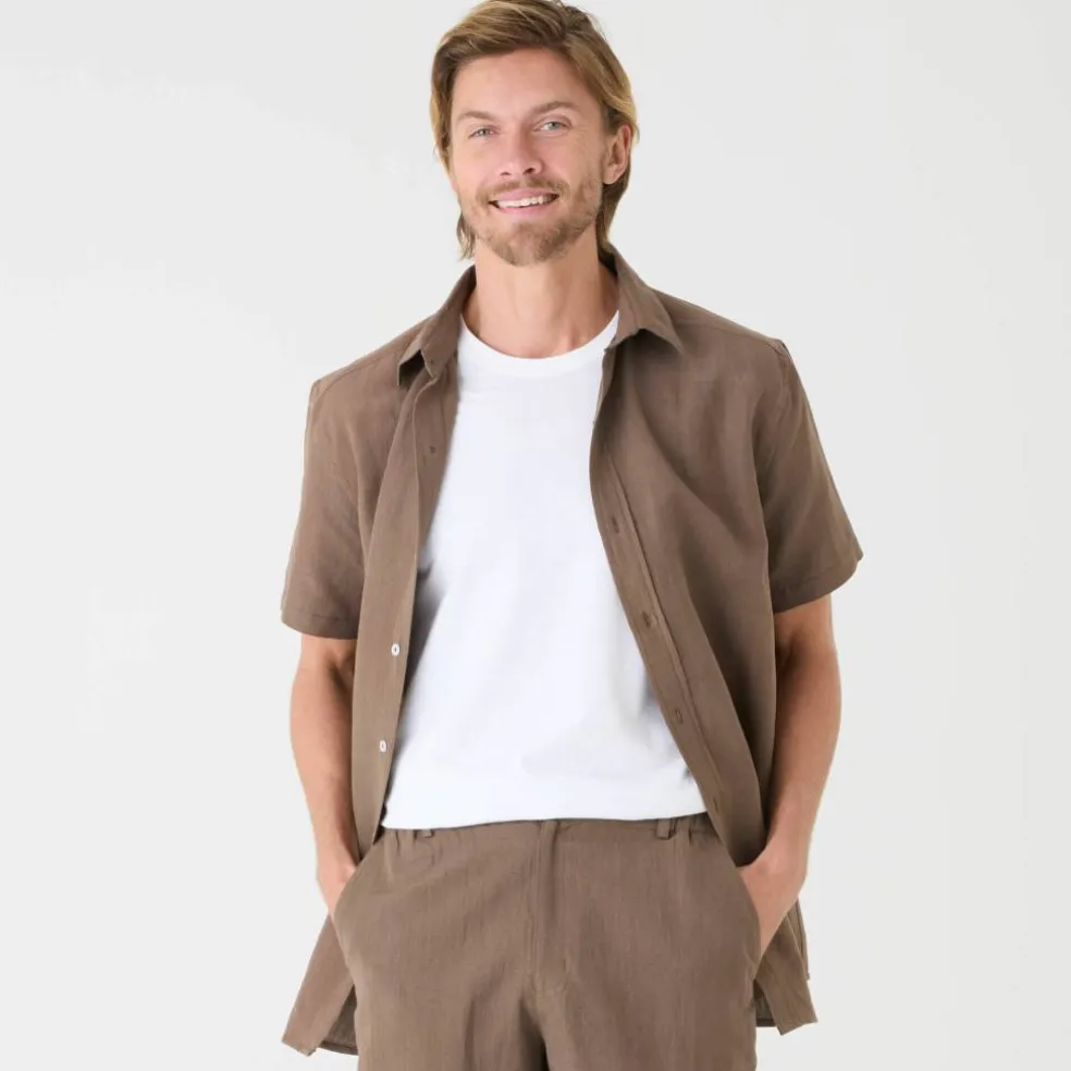Chemise coton lin manches courtes boutonnée