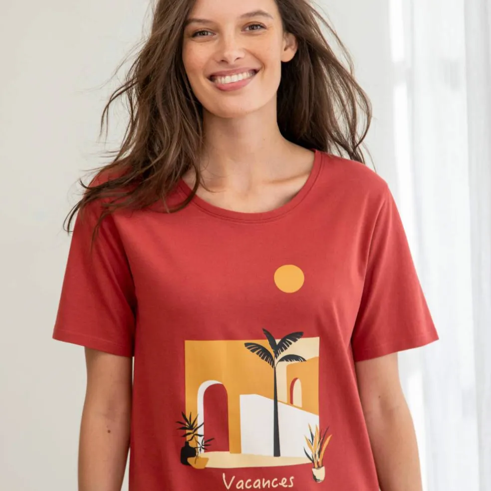 Chemise de nuit courte coton imprimé "vacances" manches courtes