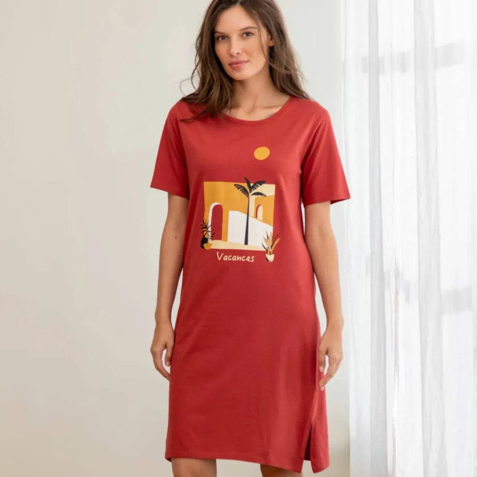 Chemise de nuit courte coton imprimé "vacances" manches courtes