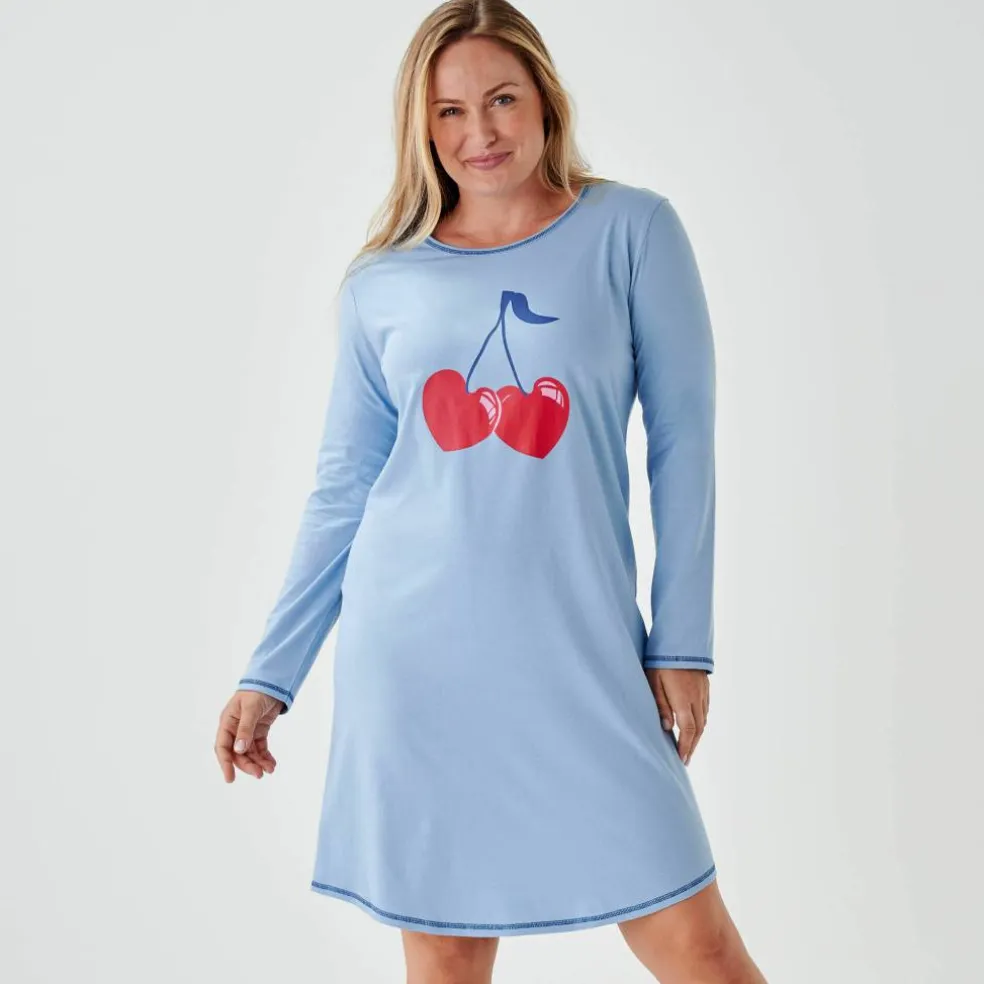 Chemise de nuit courte motif placé "cerises" manches longues