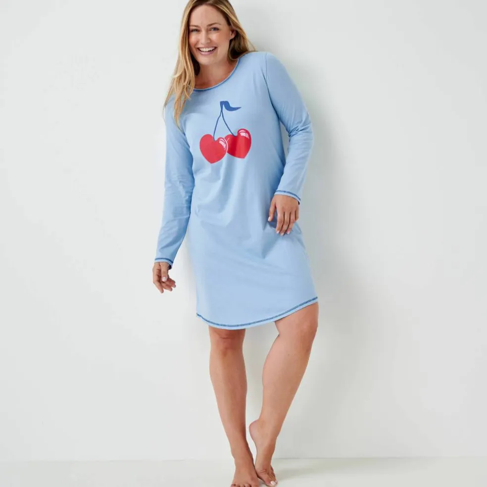 Chemise de nuit courte motif placé "cerises" manches longues