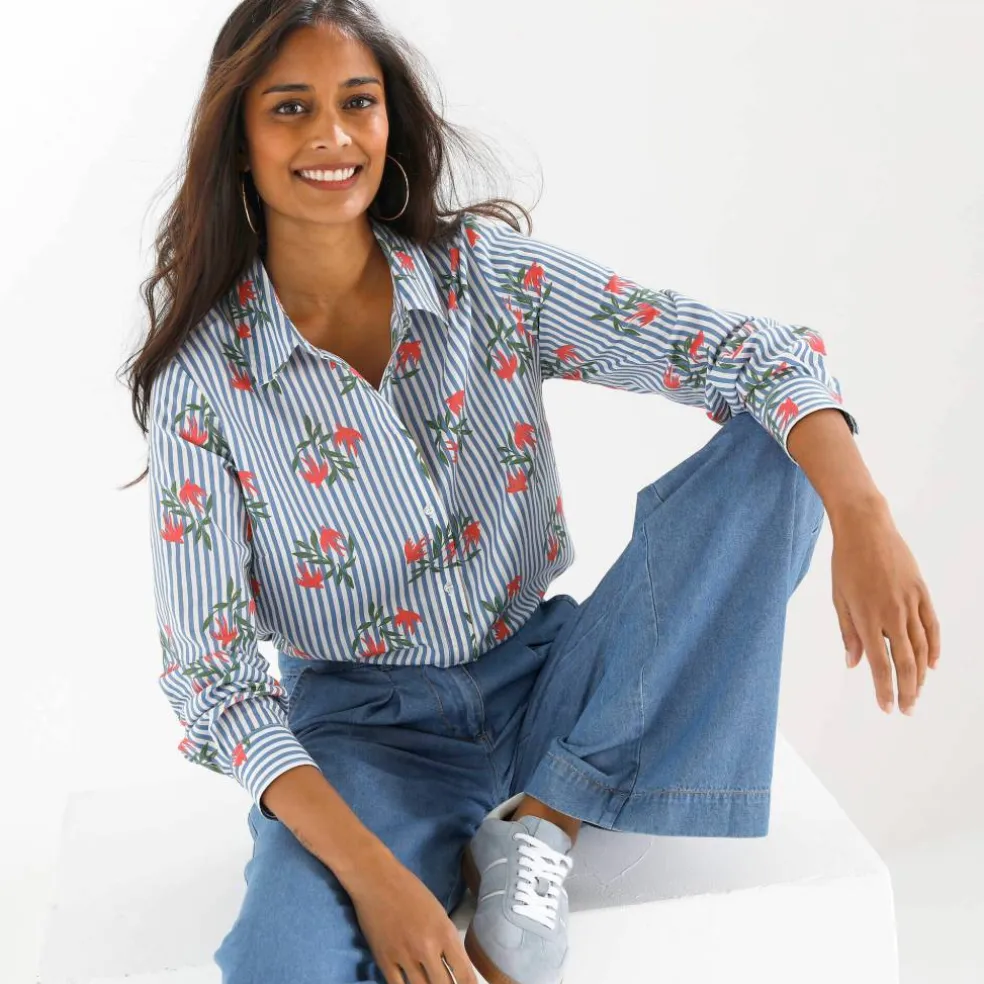 Chemise imprimé rayé et oiseaux
