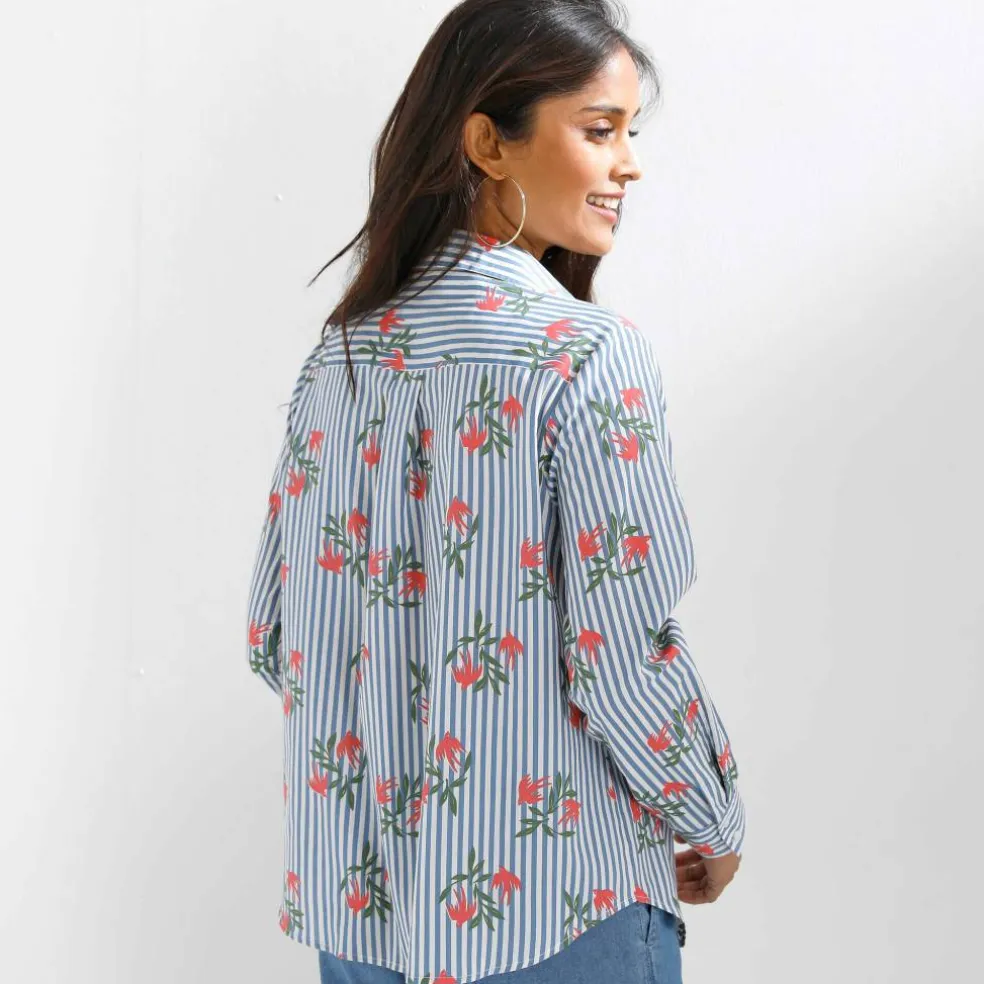 Chemise imprimé rayé et oiseaux
