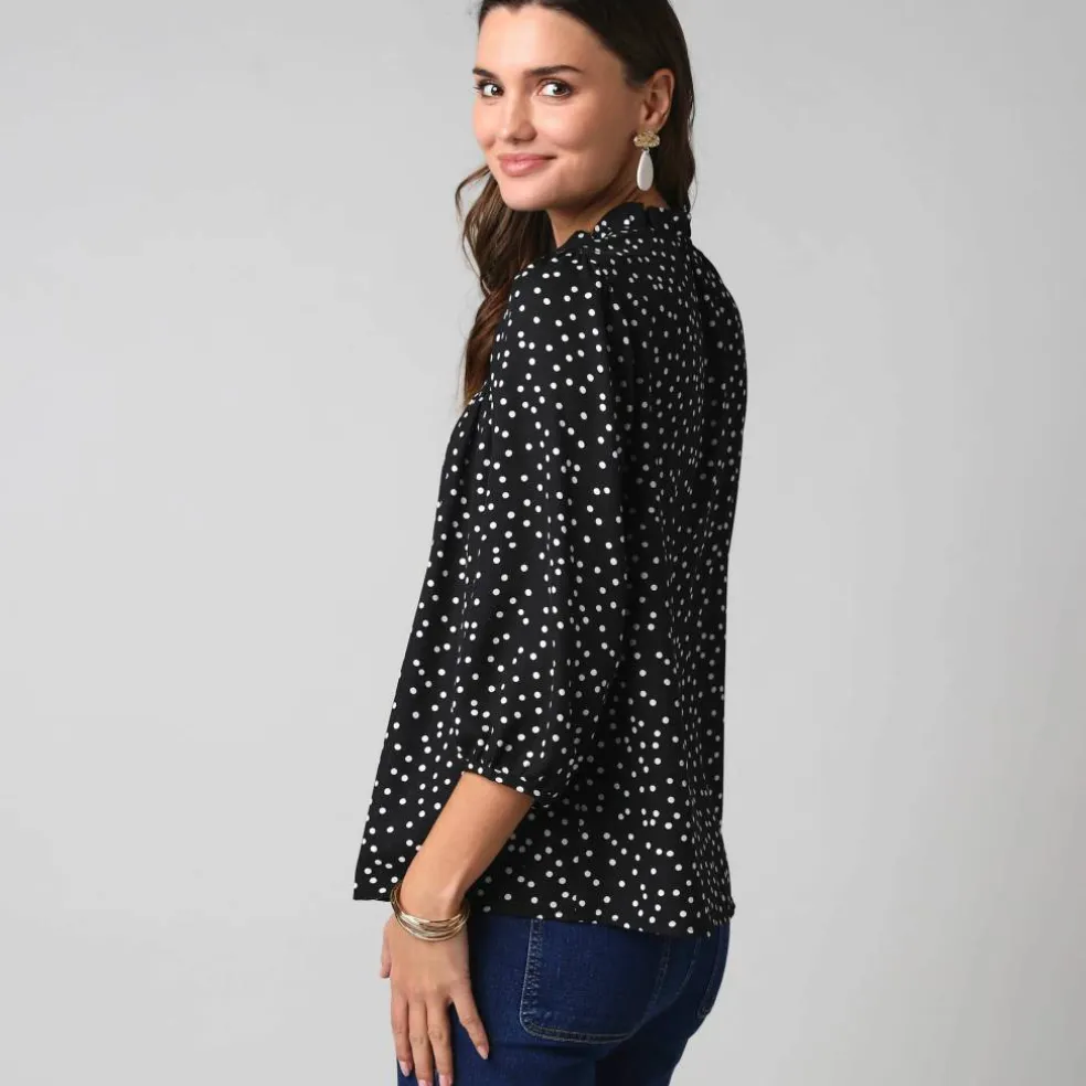 Chemisier boutonné à détails smockés, imprimé mini pois