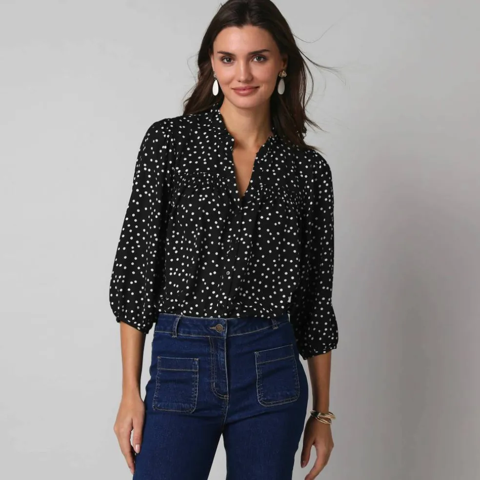 Chemisier boutonné à détails smockés, imprimé mini pois