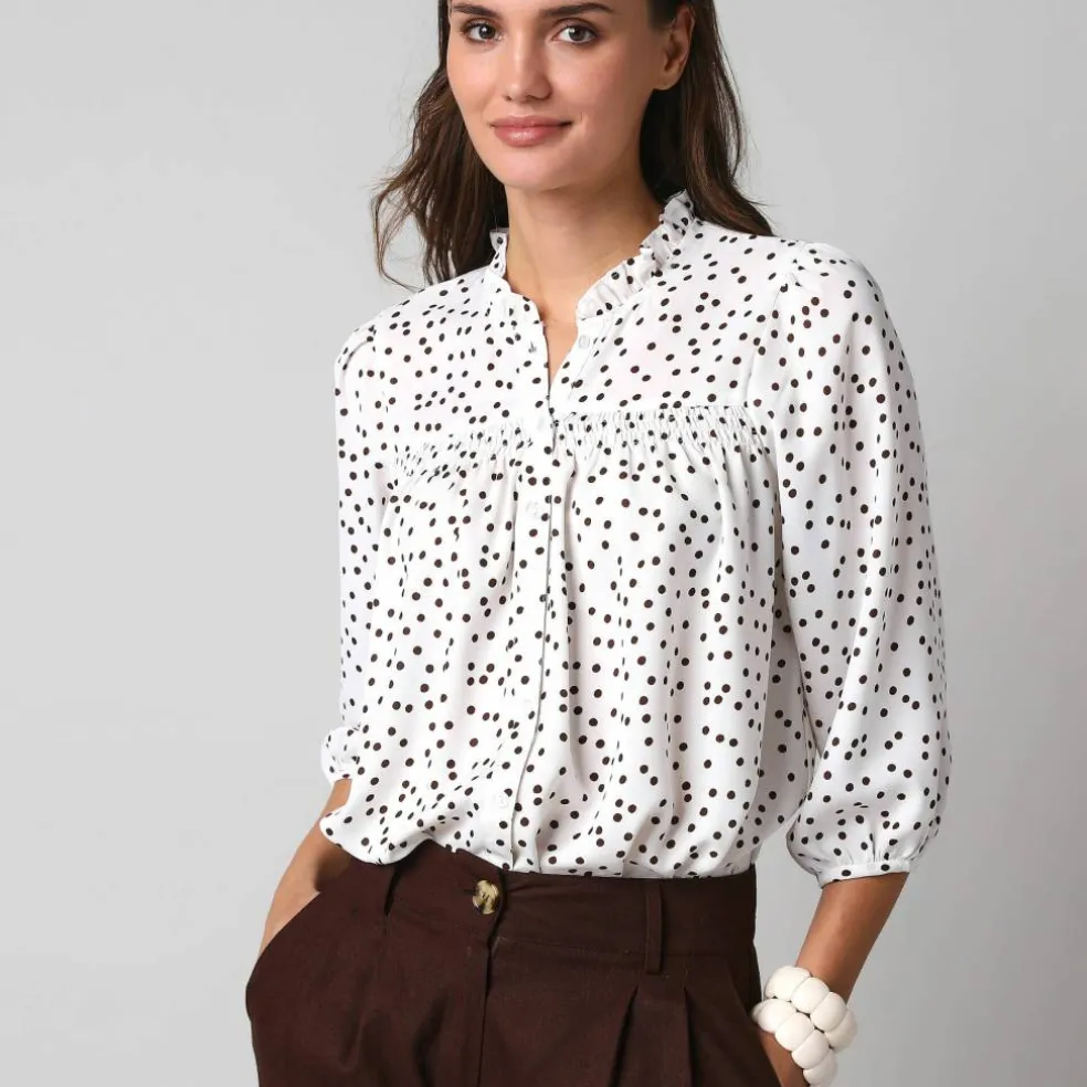 Chemisier boutonné à détails smockés, imprimé mini pois