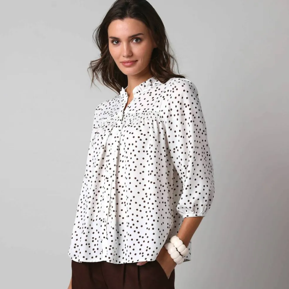 Chemisier boutonné à détails smockés, imprimé mini pois