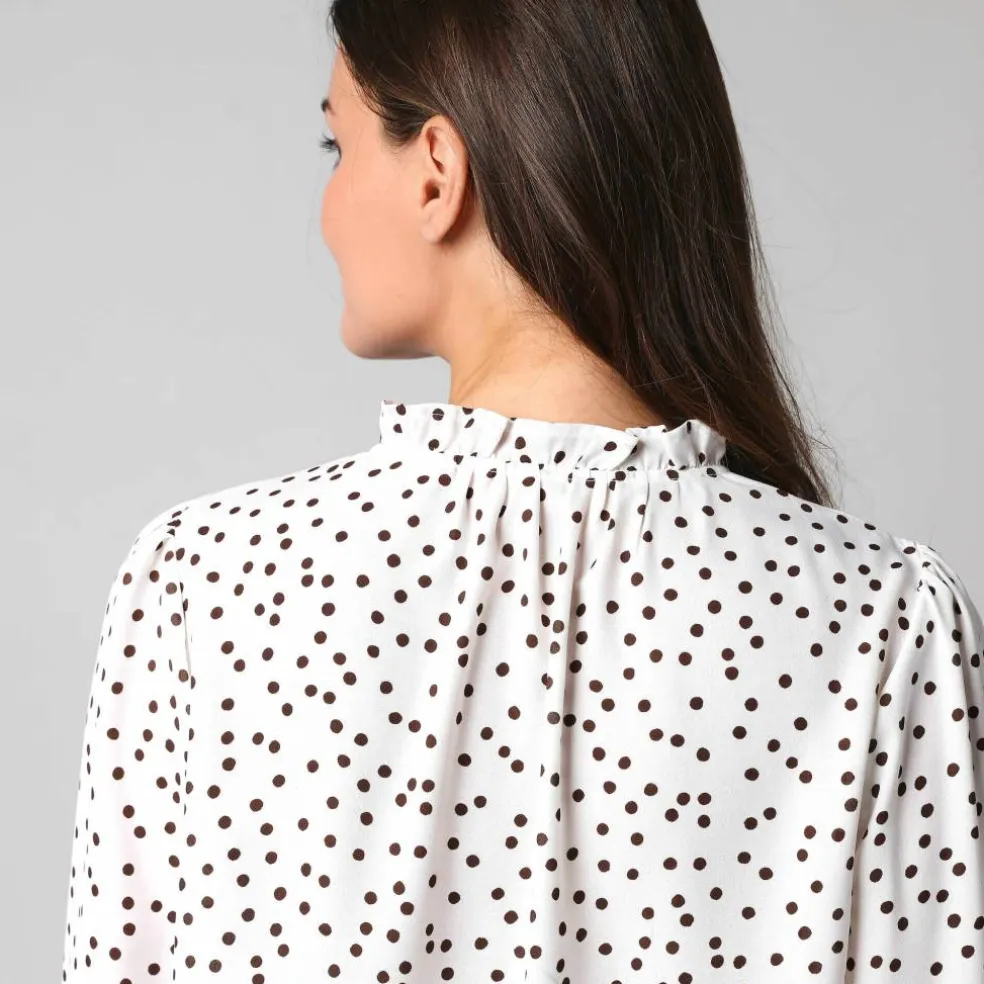 Chemisier boutonné à détails smockés, imprimé mini pois