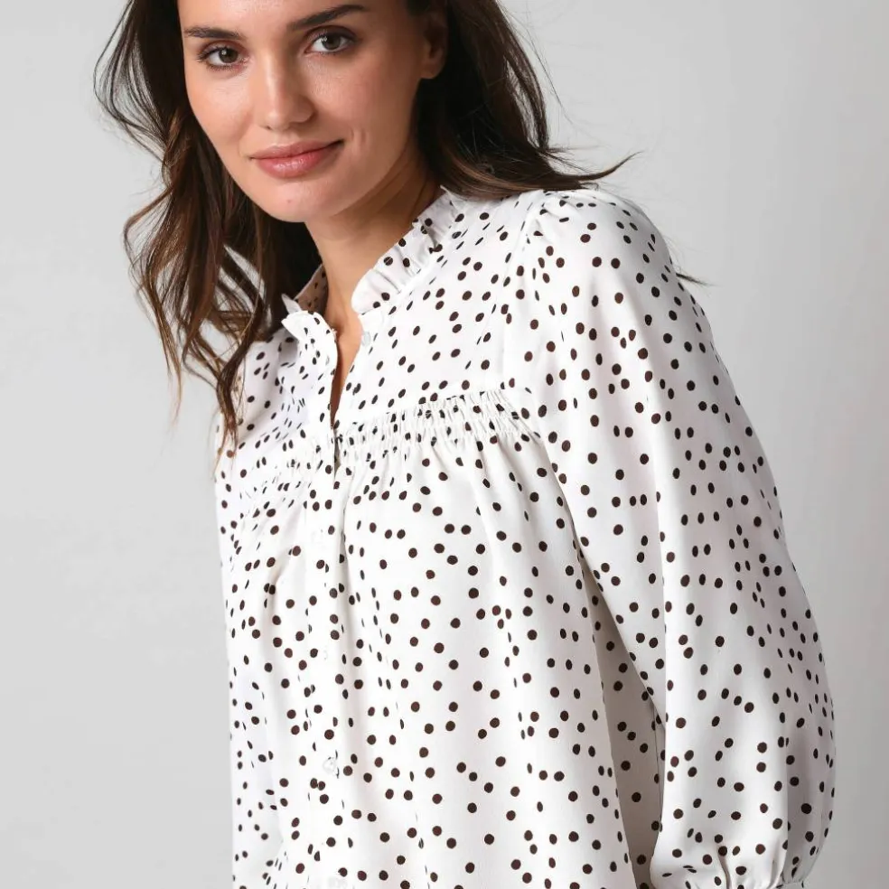 Chemisier boutonné à détails smockés, imprimé mini pois