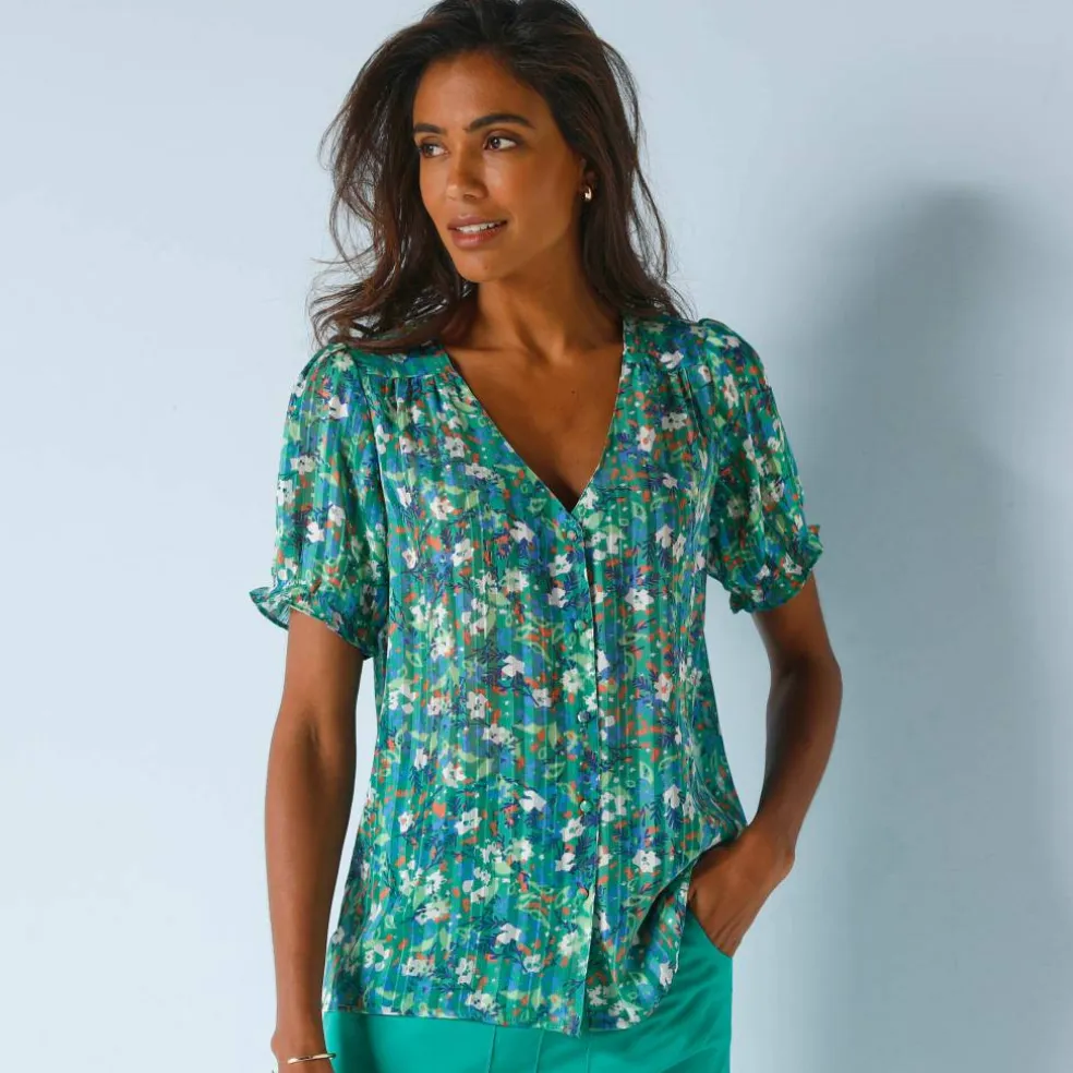 Chemisier boutonné manches blousantes imprimé, voile jacquard