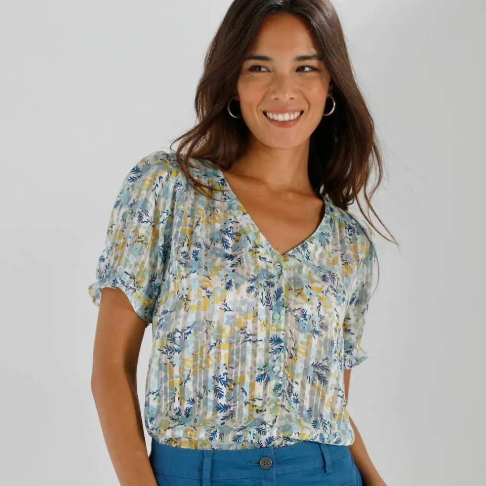 Chemisier boutonné manches blousantes imprimé, voile jacquard