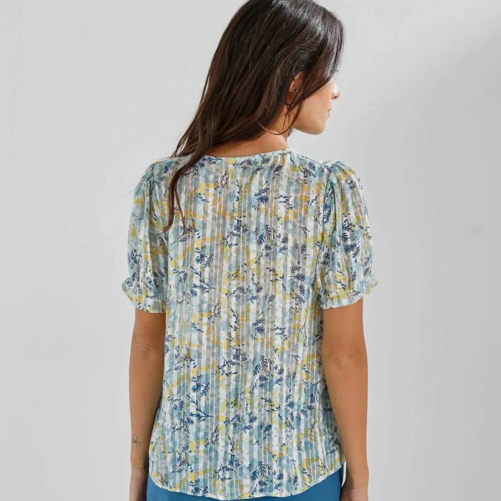 Chemisier boutonné manches blousantes imprimé, voile jacquard