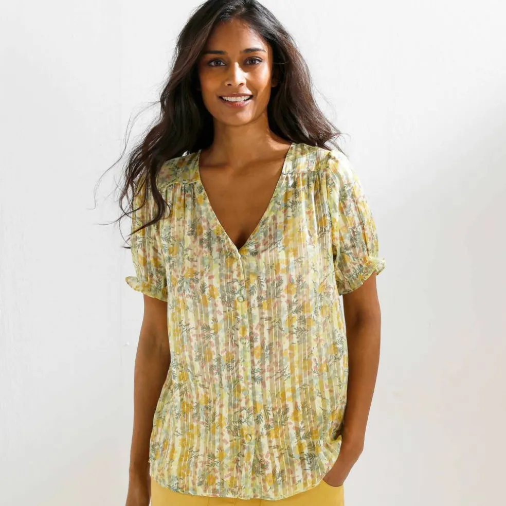 Chemisier boutonné manches blousantes imprimé, voile jacquard