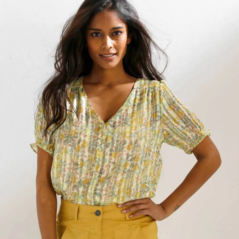 Chemisier boutonné manches blousantes imprimé, voile jacquard