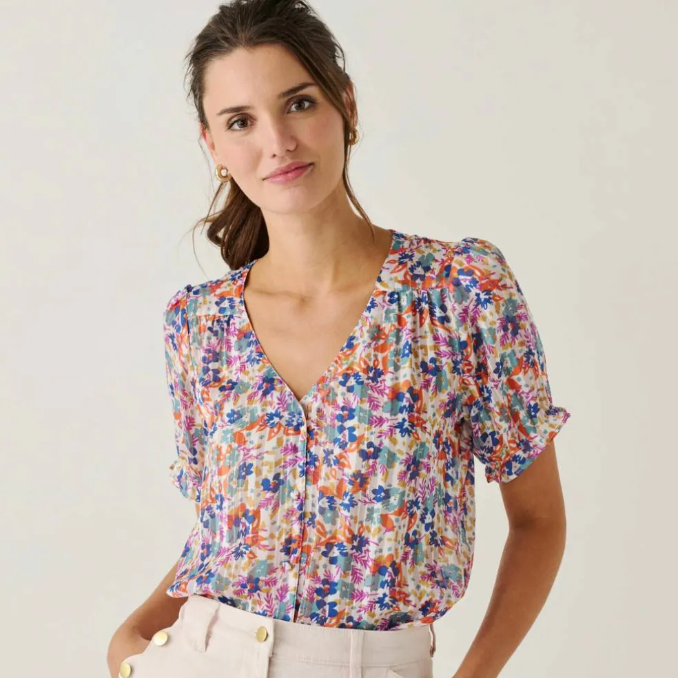Chemisier boutonné manches blousantes imprimé, voile jacquard