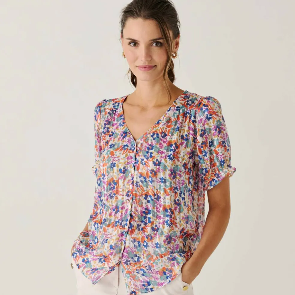 Chemisier boutonné manches blousantes imprimé, voile jacquard