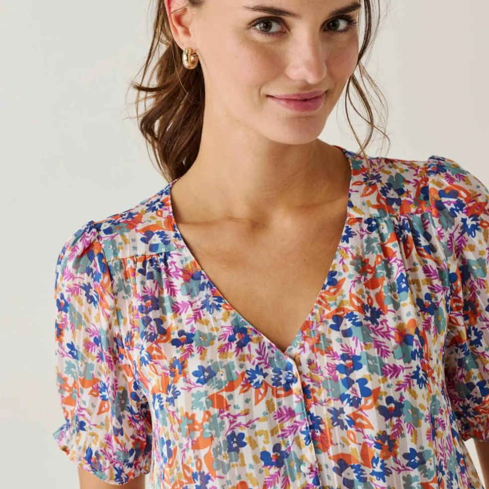 Chemisier boutonné manches blousantes imprimé, voile jacquard