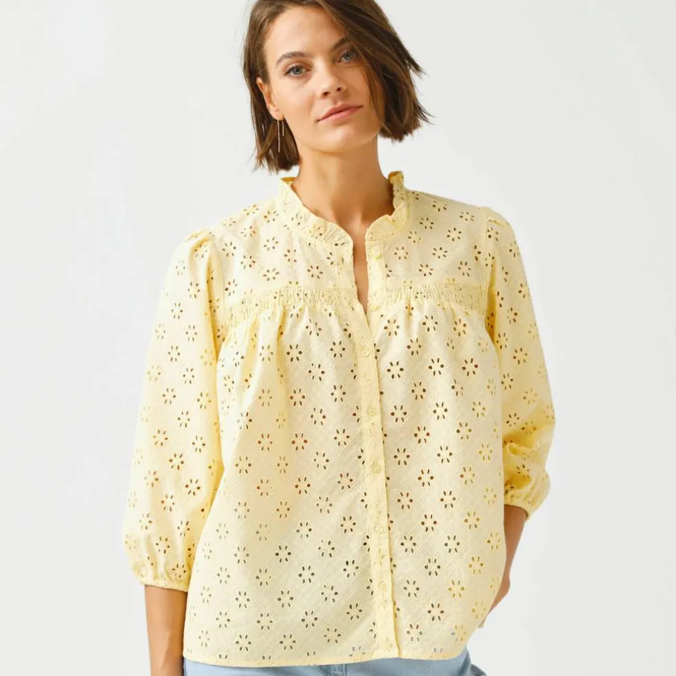 Chemisier broderie anglaise, smocks et col volanté