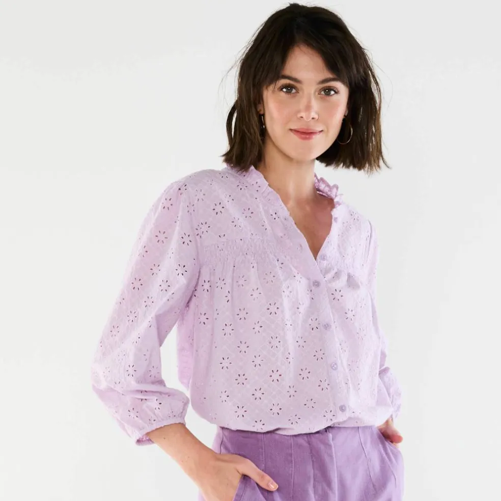 Chemisier broderie anglaise, smocks et col volanté