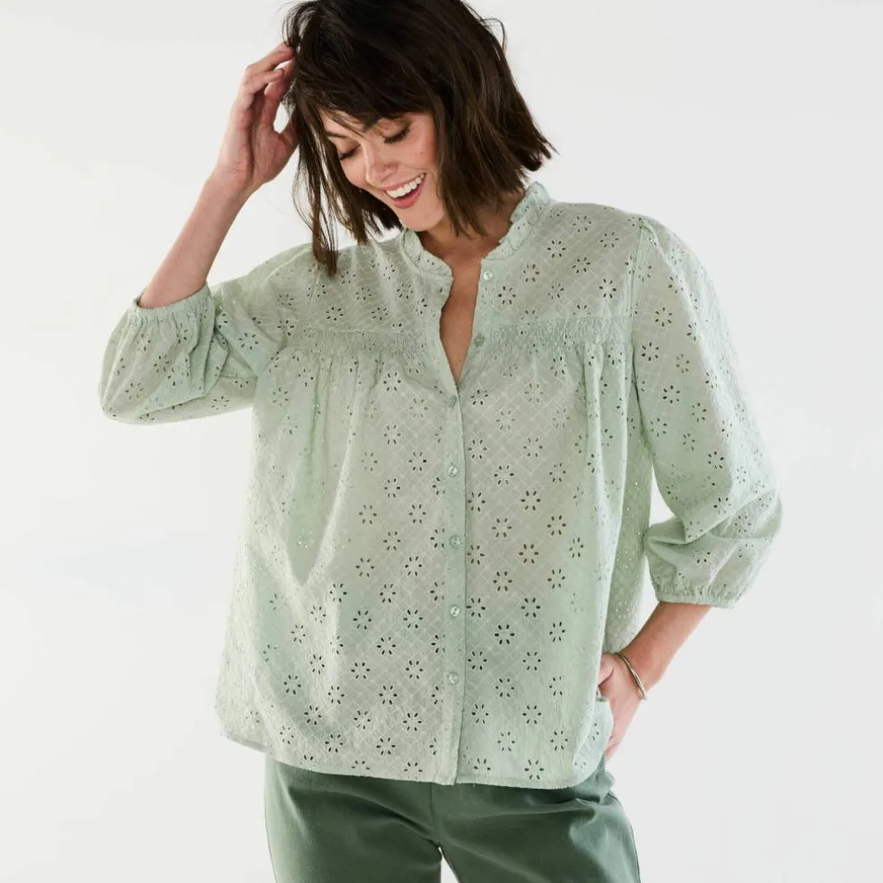 Chemisier broderie anglaise, smocks et col volanté