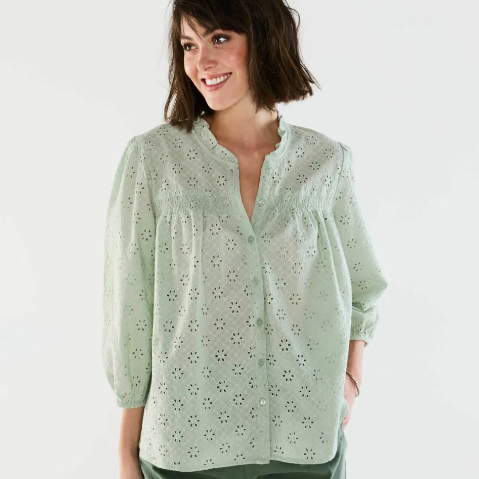 Chemisier broderie anglaise, smocks et col volanté