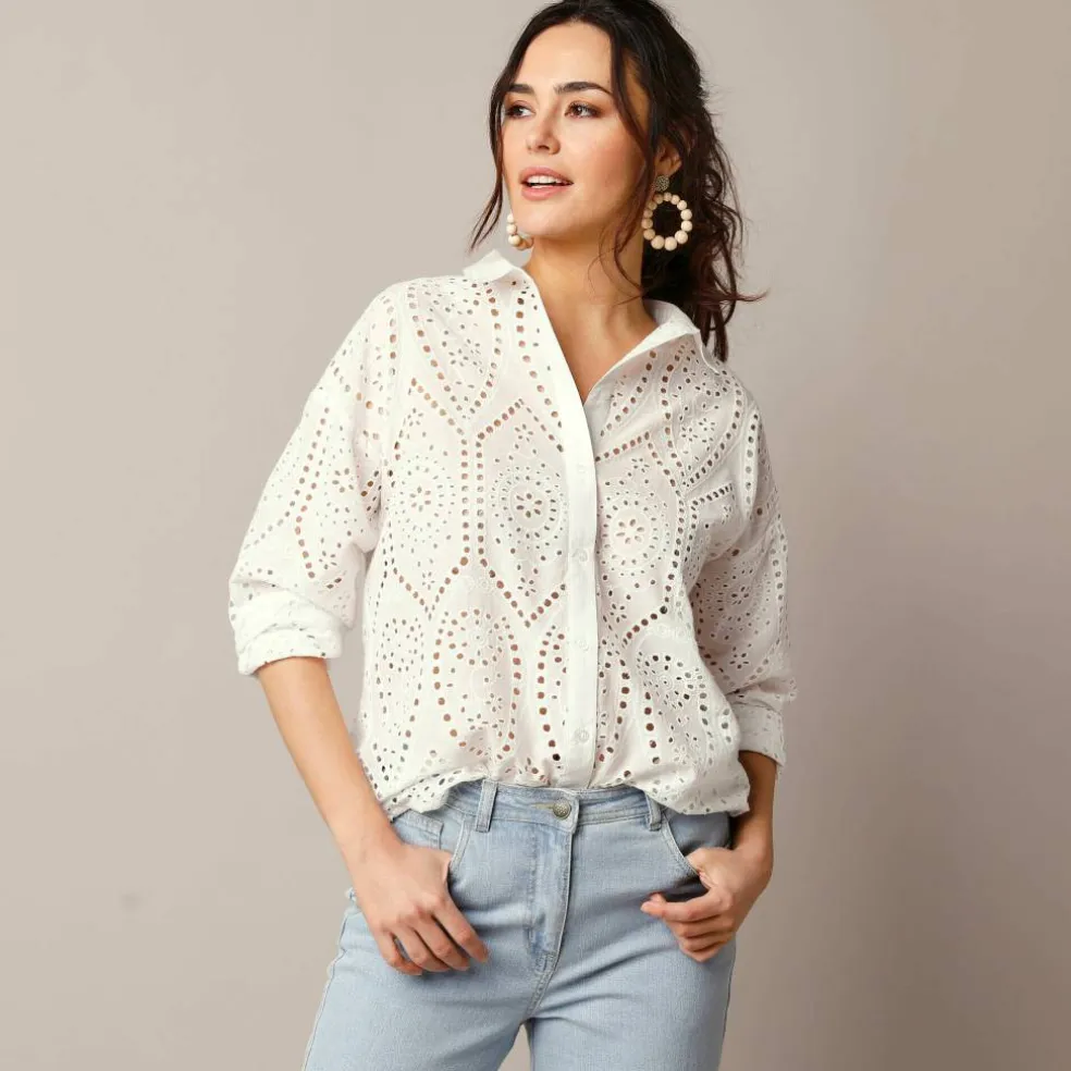 Chemisier broderie anglaise, manches longues