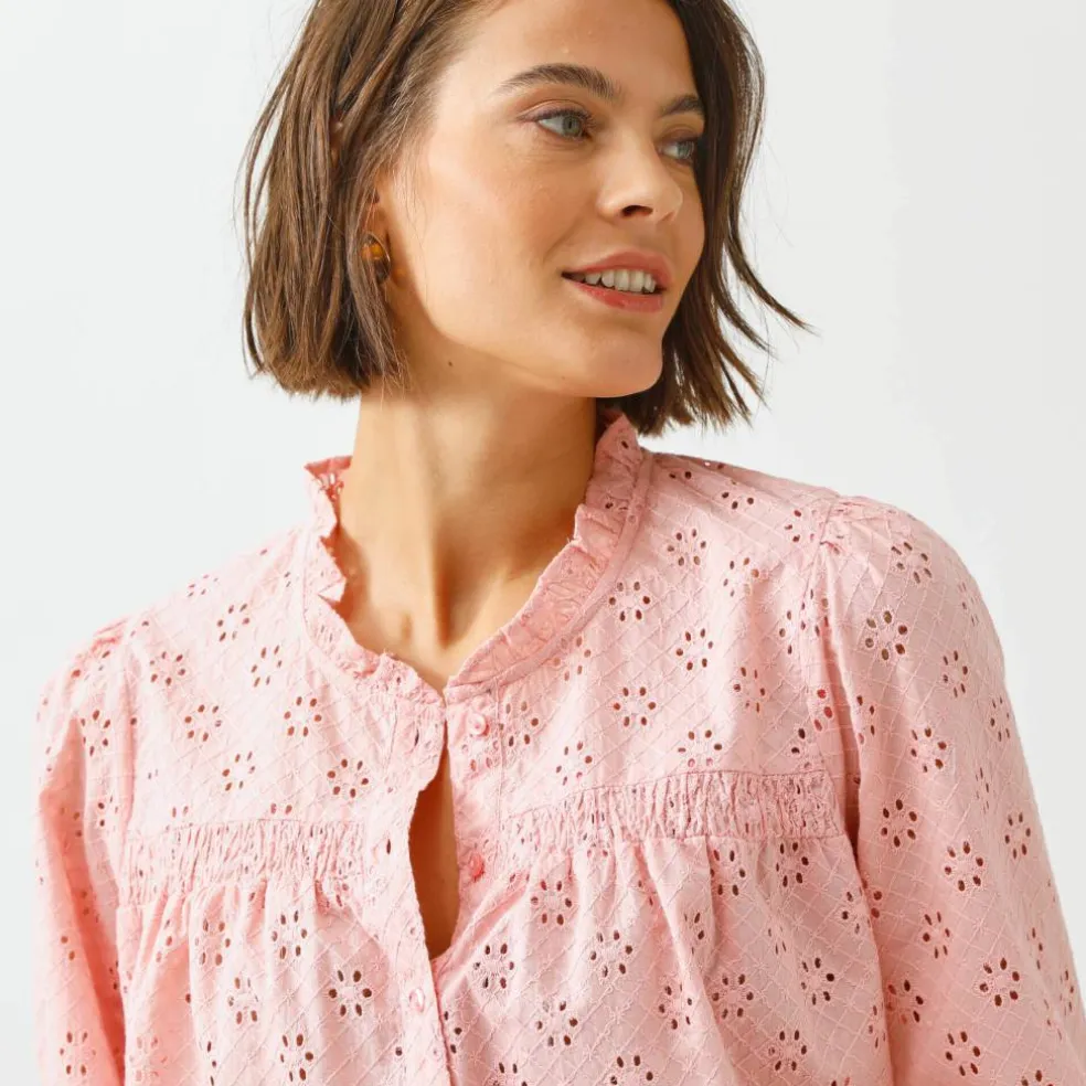 Chemisier broderie anglaise, smocks et col volanté